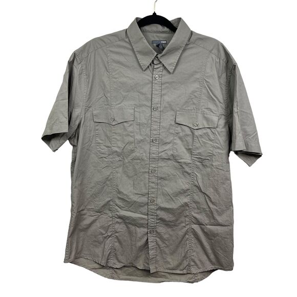 H&M Top‎ Blouse Collared Flap Pockets Short Sleeves Khaki Taupe Women Sz XL - Picture 1 of 5